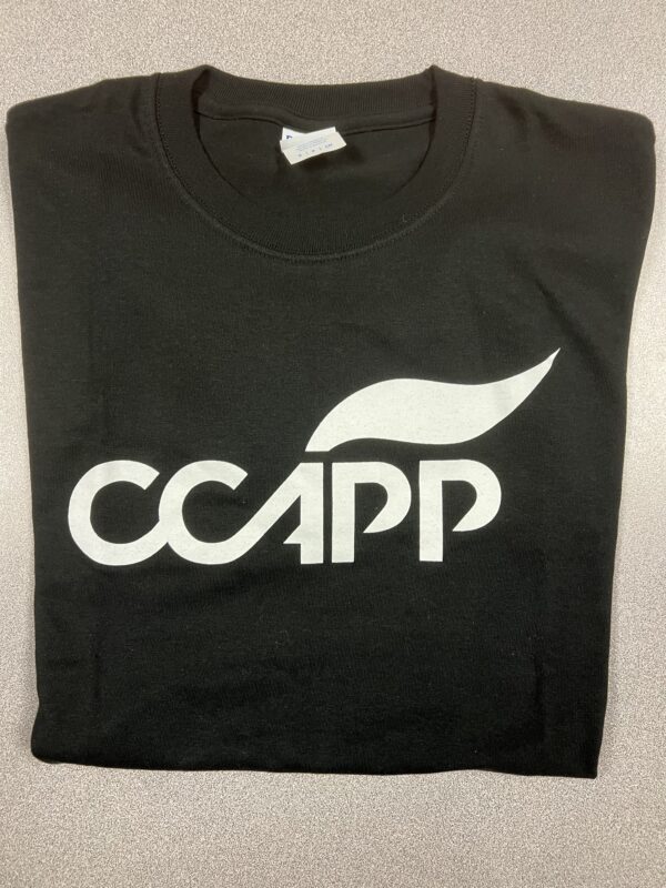 Black CCAPP T-shirt with "Nothing about us without us!"